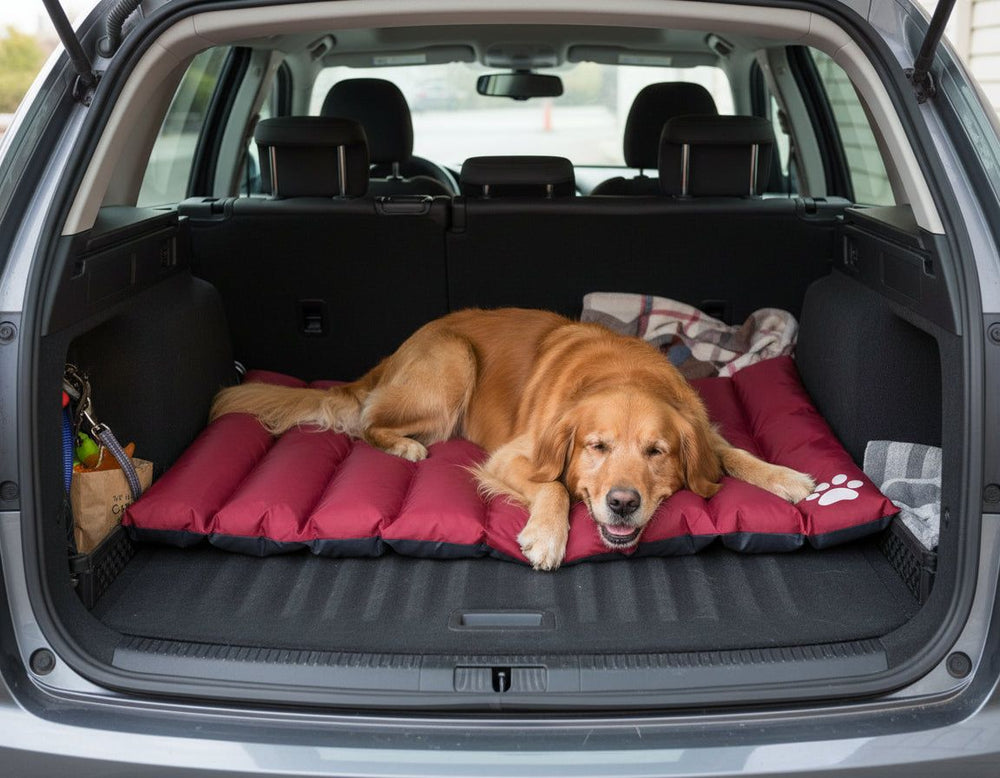 "Entspannter Hund auf roter Wendematte 'Anon' im dunklen Kofferraum eines Autos"