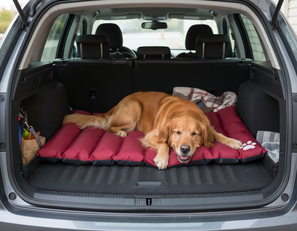 "Entspannter Hund auf roter Wendematte 'Anon' im dunklen Kofferraum eines Autos"