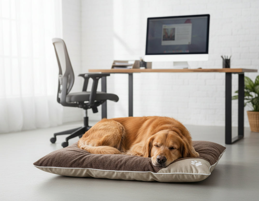 Golden Retriever entspannt auf dem eckigen Komfortkissen "SAMA" in einem modernen, lichtdurchfluteten Raum.