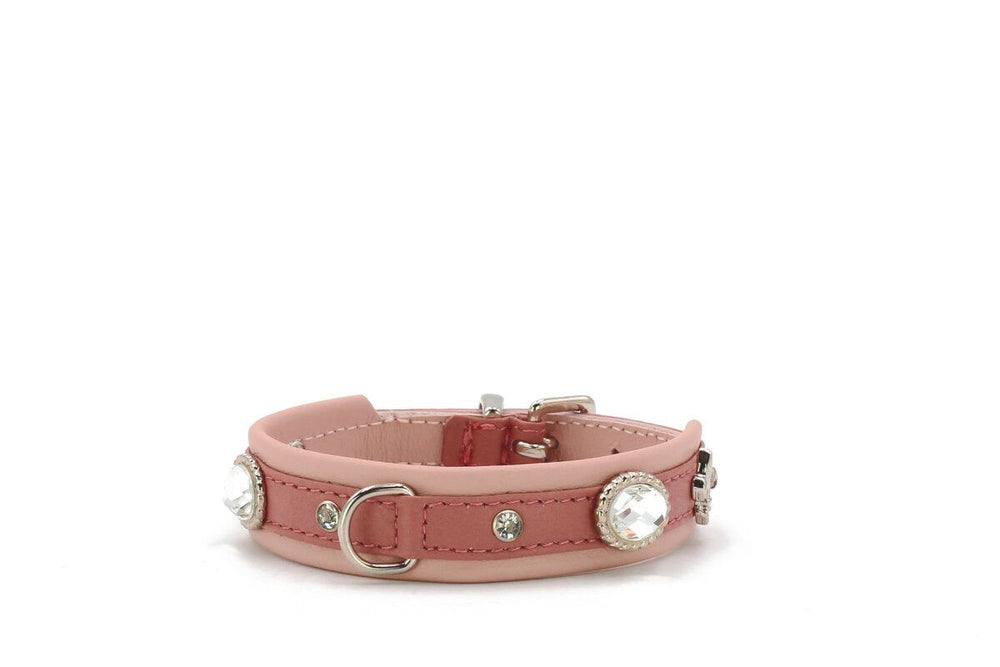 Pinkes Lederhalsband für Hunde mit glänzenden Steinen und silbernem D-Ring, elegant und schlicht für kleine Hunde.