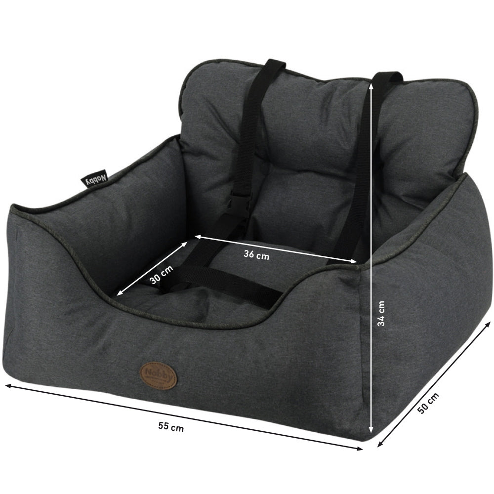 "Reisebett KADEK für Hunde in Grau, gepolstert mit Sicherheitsbefestigungsriemen, Maße: 55x36x34 cm."