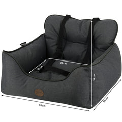 "Reisebett KADEK für Hunde in Grau, gepolstert mit Sicherheitsbefestigungsriemen, Maße: 55x36x34 cm."