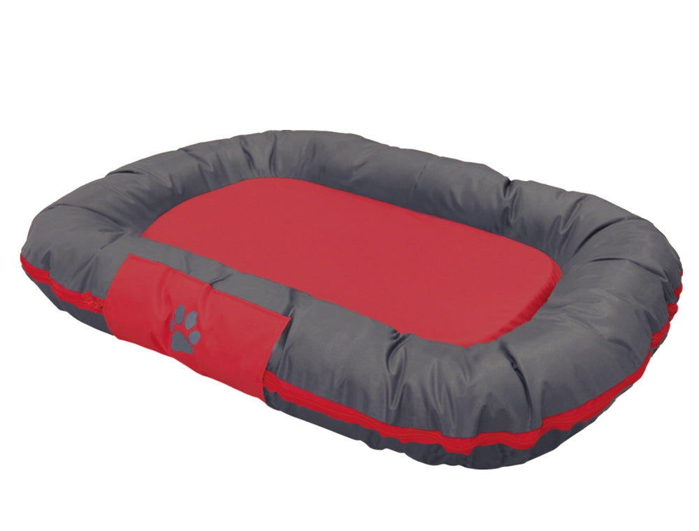 Hundebett Classic "RENO" in rechteckiger Form, grauer Rand und rote Liegefläche mit Pfotenabdruck.