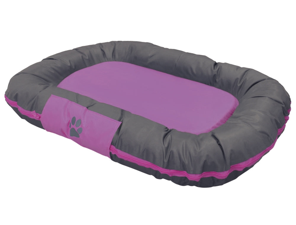 Rechteckiges Hundebett "RENO" mit grauer Außenkante und lila Innenfläche, weich gepolstert und erhöhter Rand.