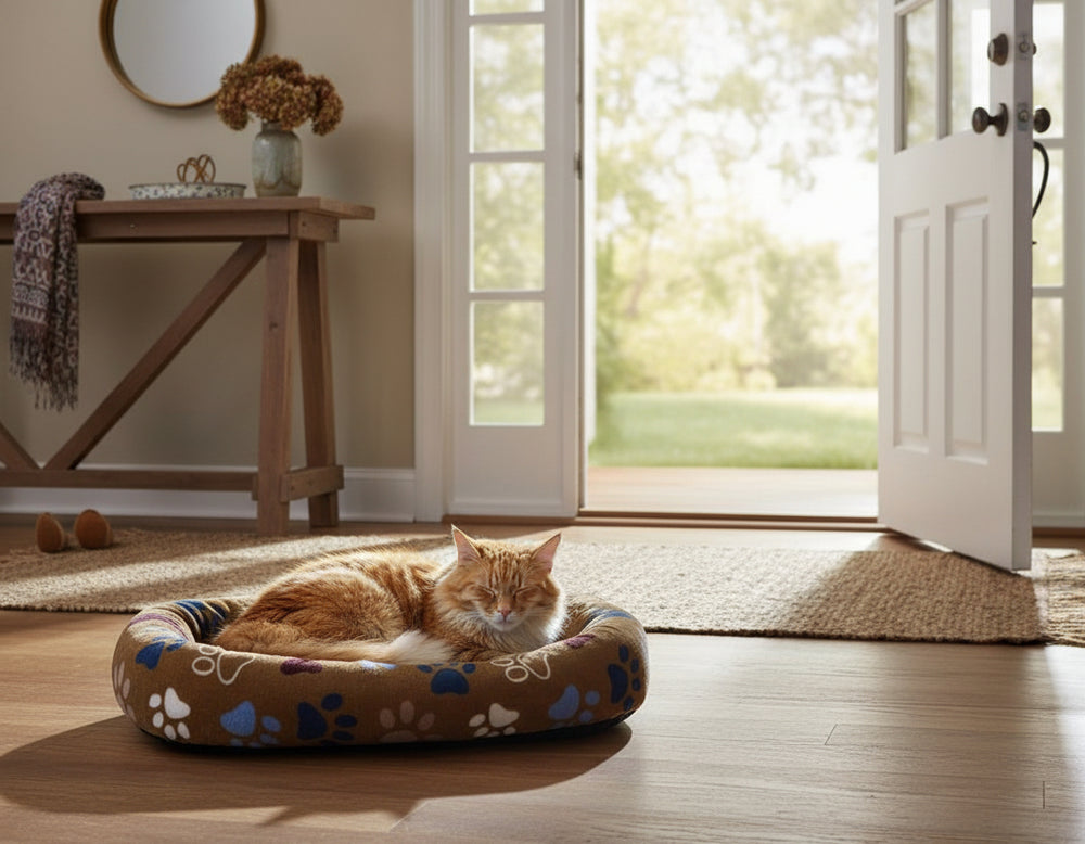 Orangefarbene Katze relaxt in rundem, gepolstertem Katzenbett in heller, einladender Wohnumgebung.