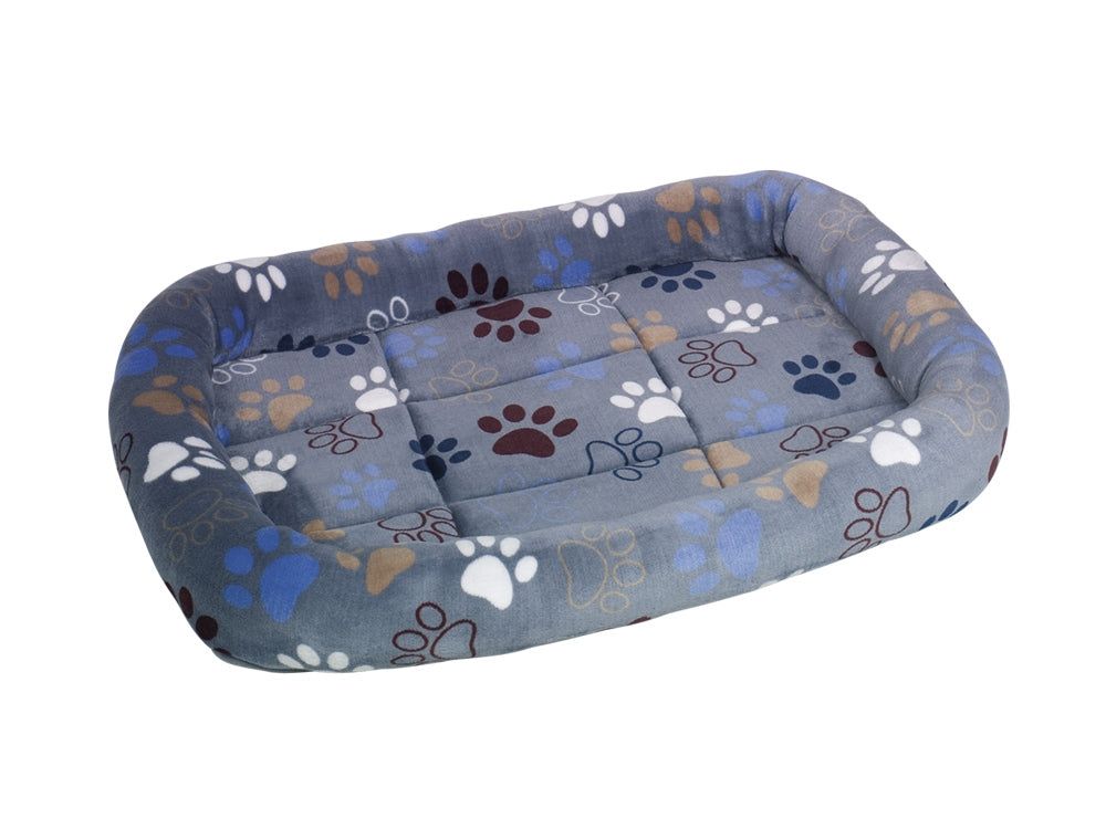 "Quadratisches Hundebett Classic 'Lissi' in Grau mit bunten Pfotenmotiven für optimalen Komfort."