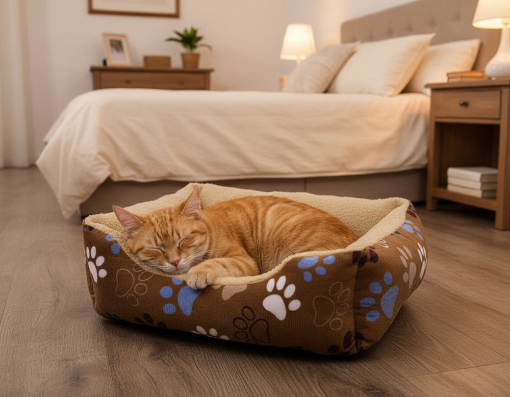 Schlafende orangefarbene Katze in gemütlichem Katzenbett mit bunten Pfotenabdrücken im ruhigen Schlafzimmer.