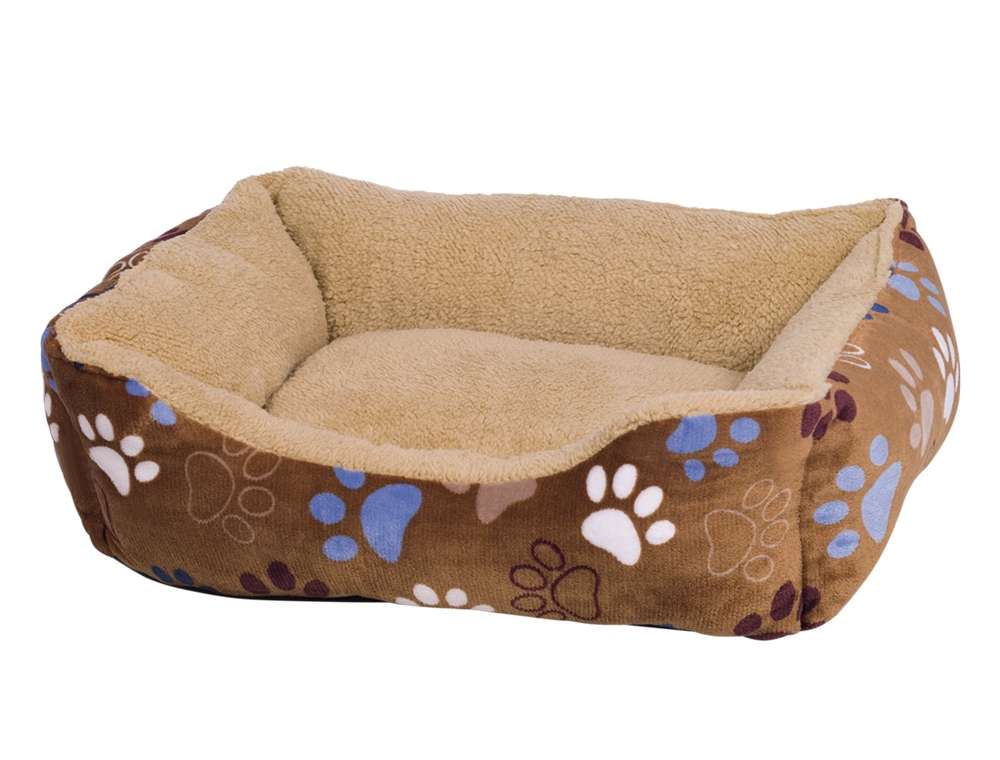 Komfortbett eckig "Lissi" für Hunde, braun mit bunten Pfotenabdrücken und weicher, heller Innenseite.