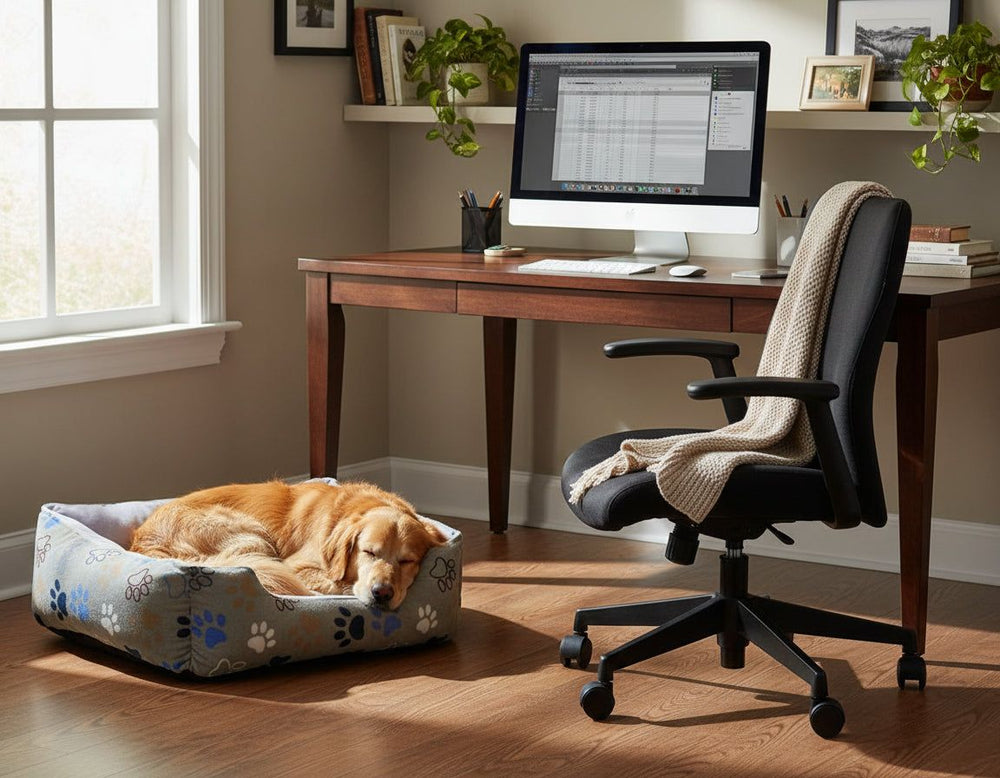 Gemütliches Zimmer mit Schreibtisch, Computer, Hundebett und schlafendem Hund neben dem Komfortbett "Lissi".