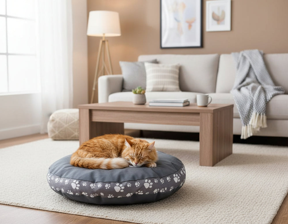 Gemütliches Katzenbett "Zampa" mit schlafender orangefarbener Katze in stilvollem Wohnraum, Holztablett im Hintergrund.