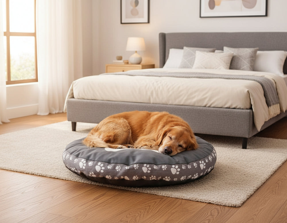 "Schlafender golden Retriever auf rundem Komfortkissen 'Zampa' in gemütlichem Schlafzimmer mit Fenster."