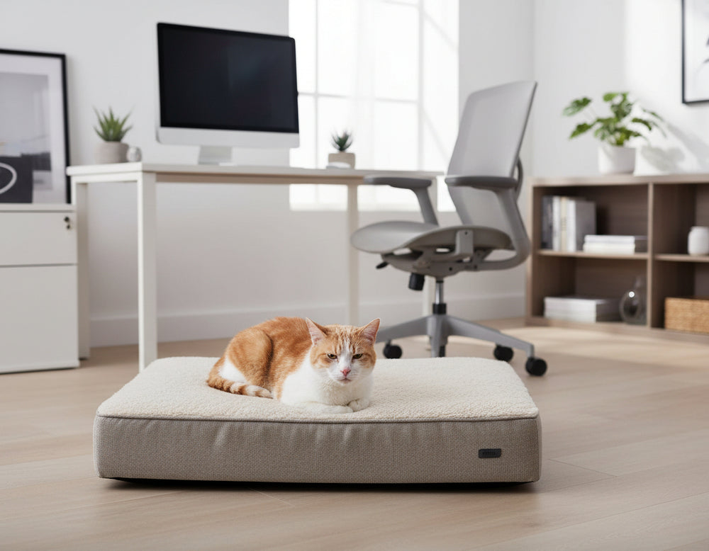 Orange-weiße Katze entspannt auf orthopädischer Matte in moderner Büroumgebung mit Schreibtisch und Regalen.