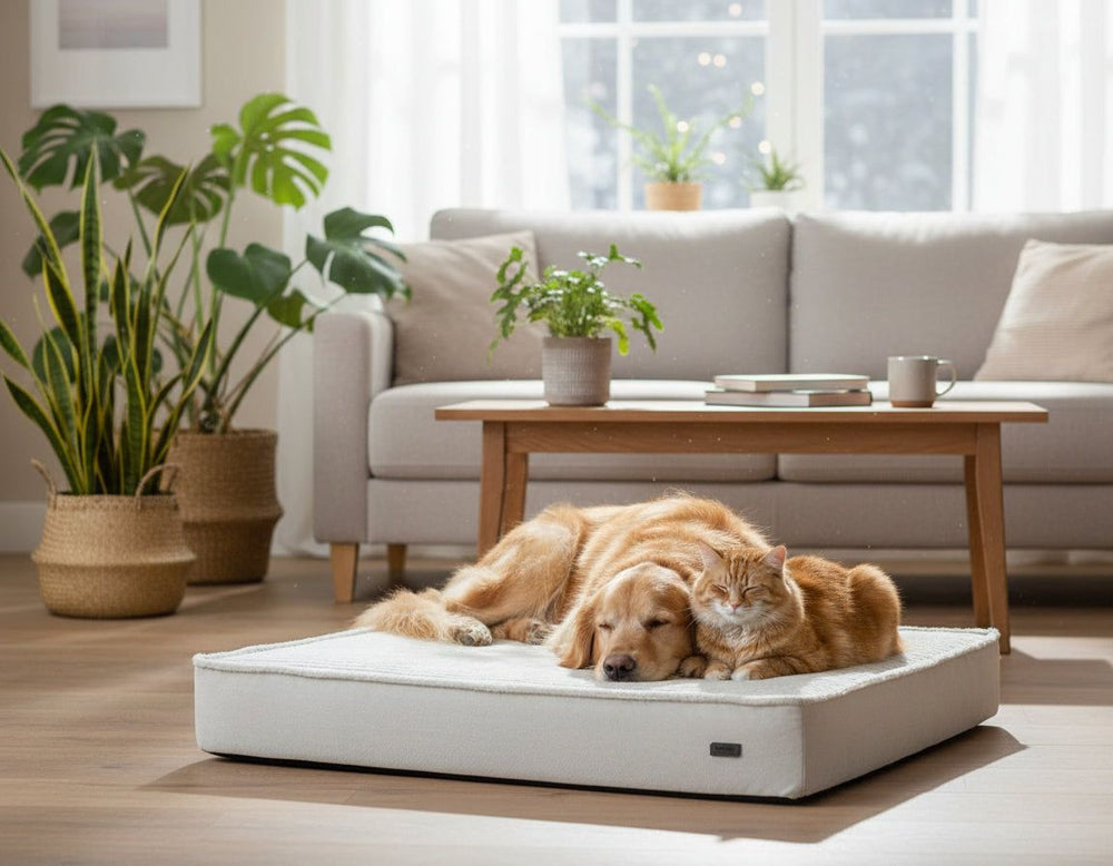 Beige orthopädische Matte "LAGO" im Wohnraum, Golden Retriever und Katze liegen gemütlich darauf.