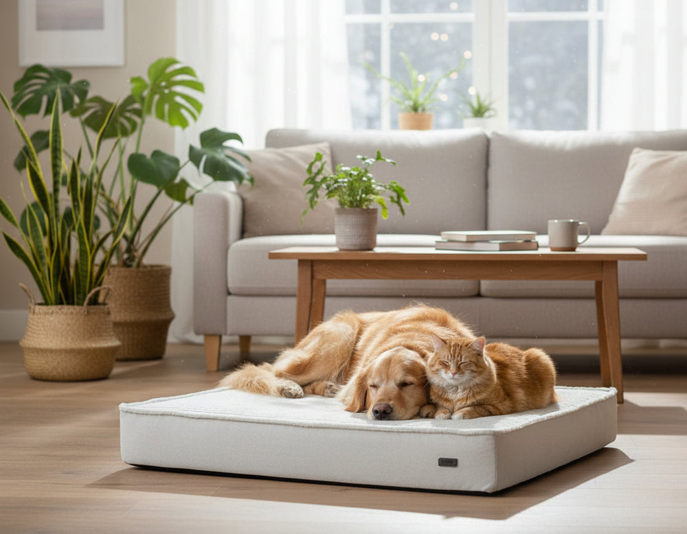 Beige orthopädische Matte "LAGO" im Wohnraum, Golden Retriever und Katze liegen gemütlich darauf.