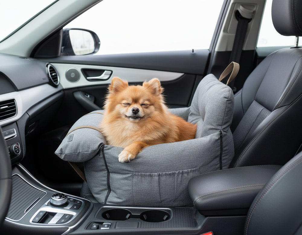 Hund "Bena" entspannt im Reisebett auf dem Beifahrersitz eines Autos. Ideal für unterwegs!