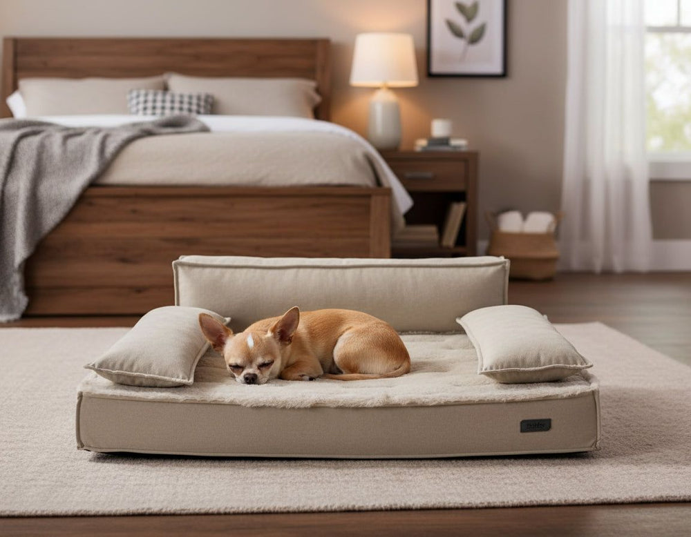 "Stilvolles orthopädisches Sofa 'NUKA' für Hunde mit Chihuahua, ideal zum Entspannen im Schlafzimmer."