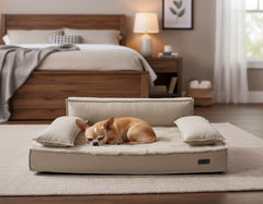 "Stilvolles orthopädisches Sofa 'NUKA' für Hunde mit Chihuahua, ideal zum Entspannen im Schlafzimmer."