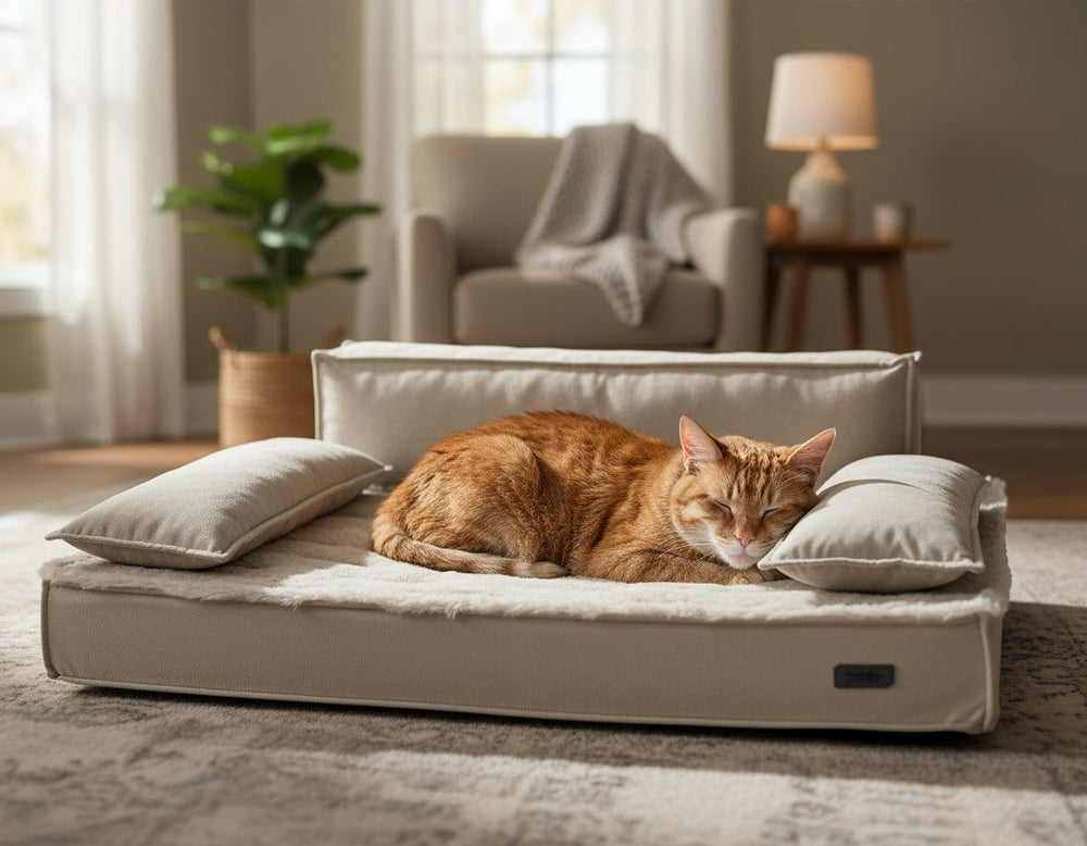 Katzenbett "NUKA" in hellbeige mit Kissen, orangefarbene Katze schläft entspannt in gemütlichem Raum mit Sessel und Pflanzen.