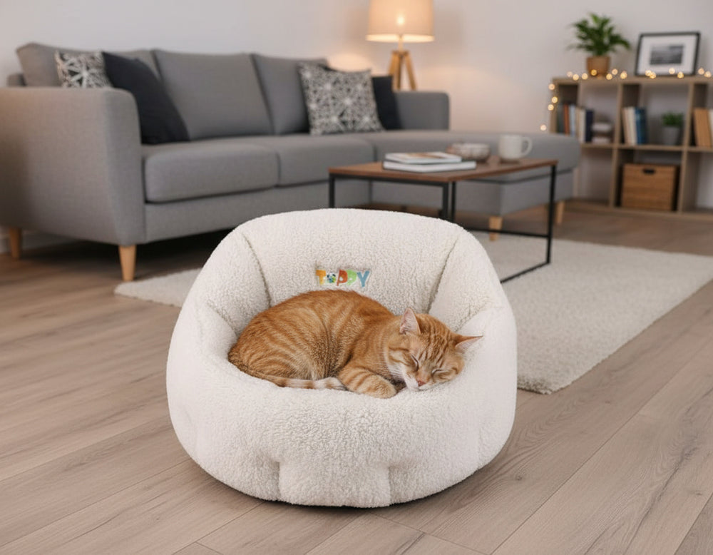 Gemütlicher ovaler Katzenkorb "Puppy" mit schlafender orangefarbener Katze in modernem Wohnzimmer.