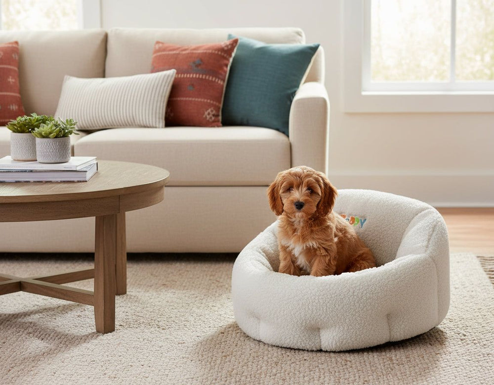 Kleiner Hund im ovalen Komfortbett "Puppy" in einem gemütlichen Wohnzimmer mit beigem Sofa und runden Tisch.
