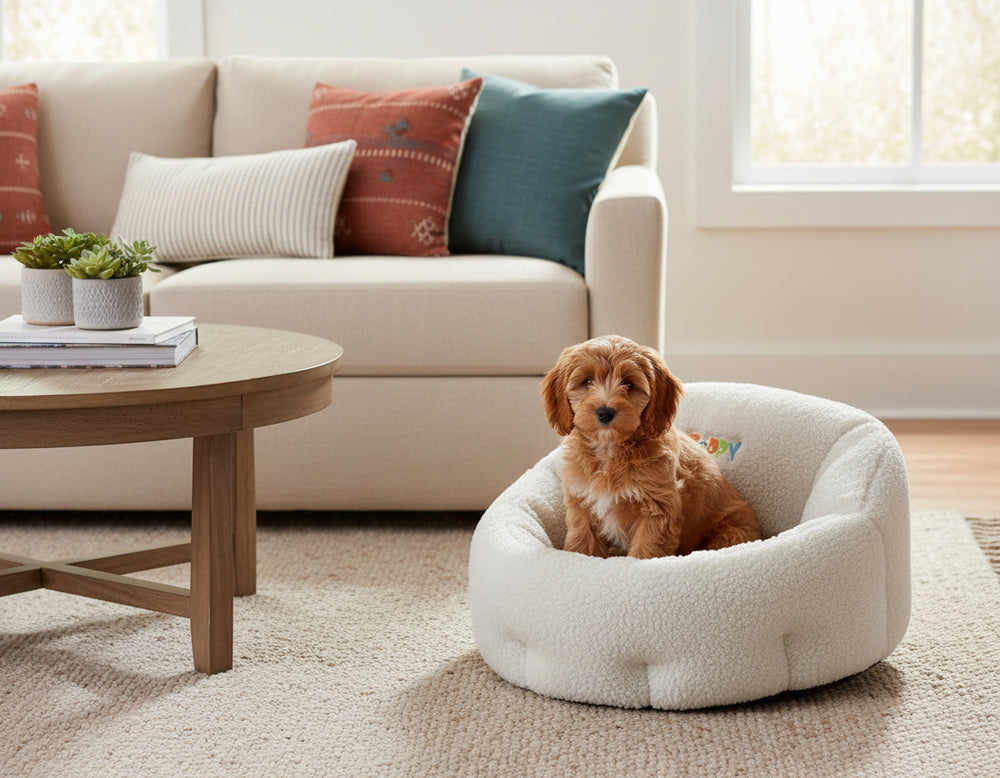 Kleiner Hund im ovalen Komfortbett "Puppy" in einem gemütlichen Wohnzimmer mit beigem Sofa und runden Tisch.