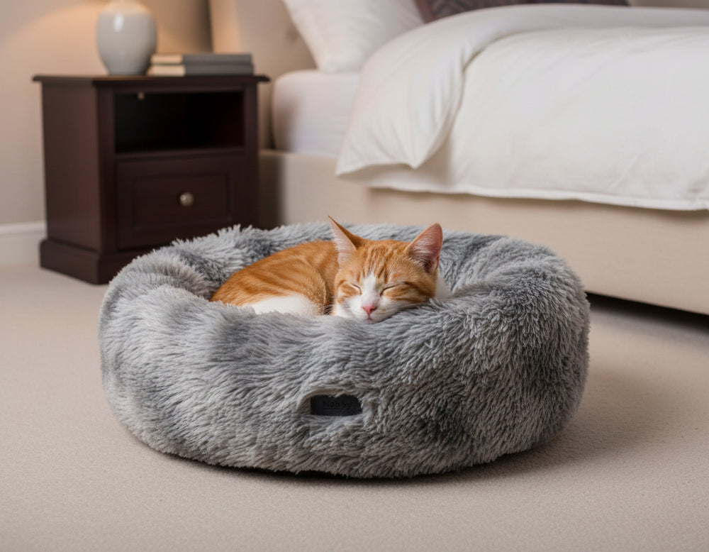 Orangefarbene Katze schläft ruhig in runder, grauer Plüschliege im hellen Raum neben Nachttisch und Bett.