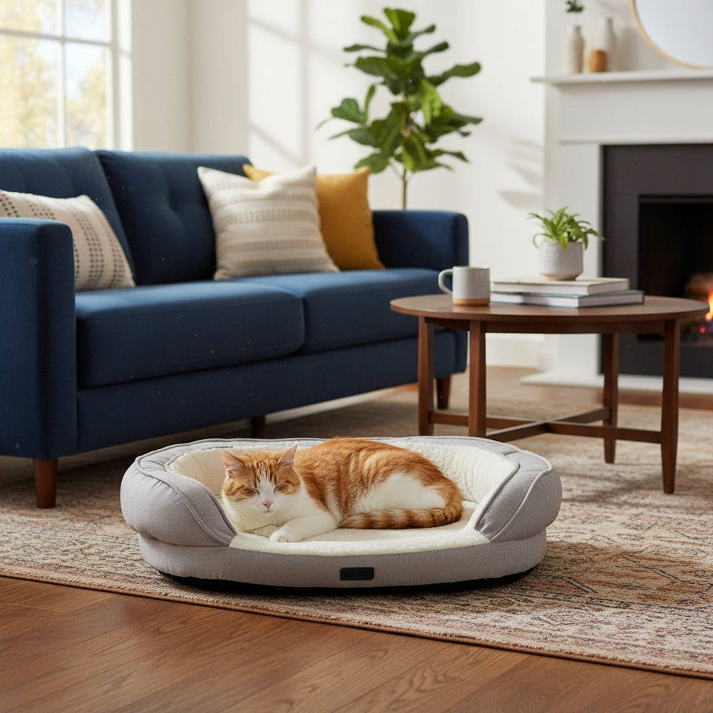 Gemütliches Katzenbett "AMCA" in beige mit orange-weißer Katze, umgeben von stilvollem Wohnambiente und blauer Couch.