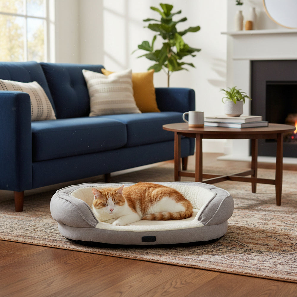 Gemütliches Katzenbett "AMCA" in beige mit orange-weißer Katze, umgeben von stilvollem Wohnambiente und blauer Couch.