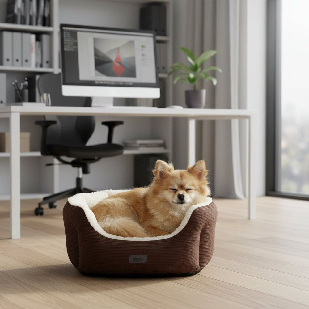 Kleiner Hund schläft entspannt in braunem Komfortbett "KAMBA" im modernen Arbeitsumfeld.