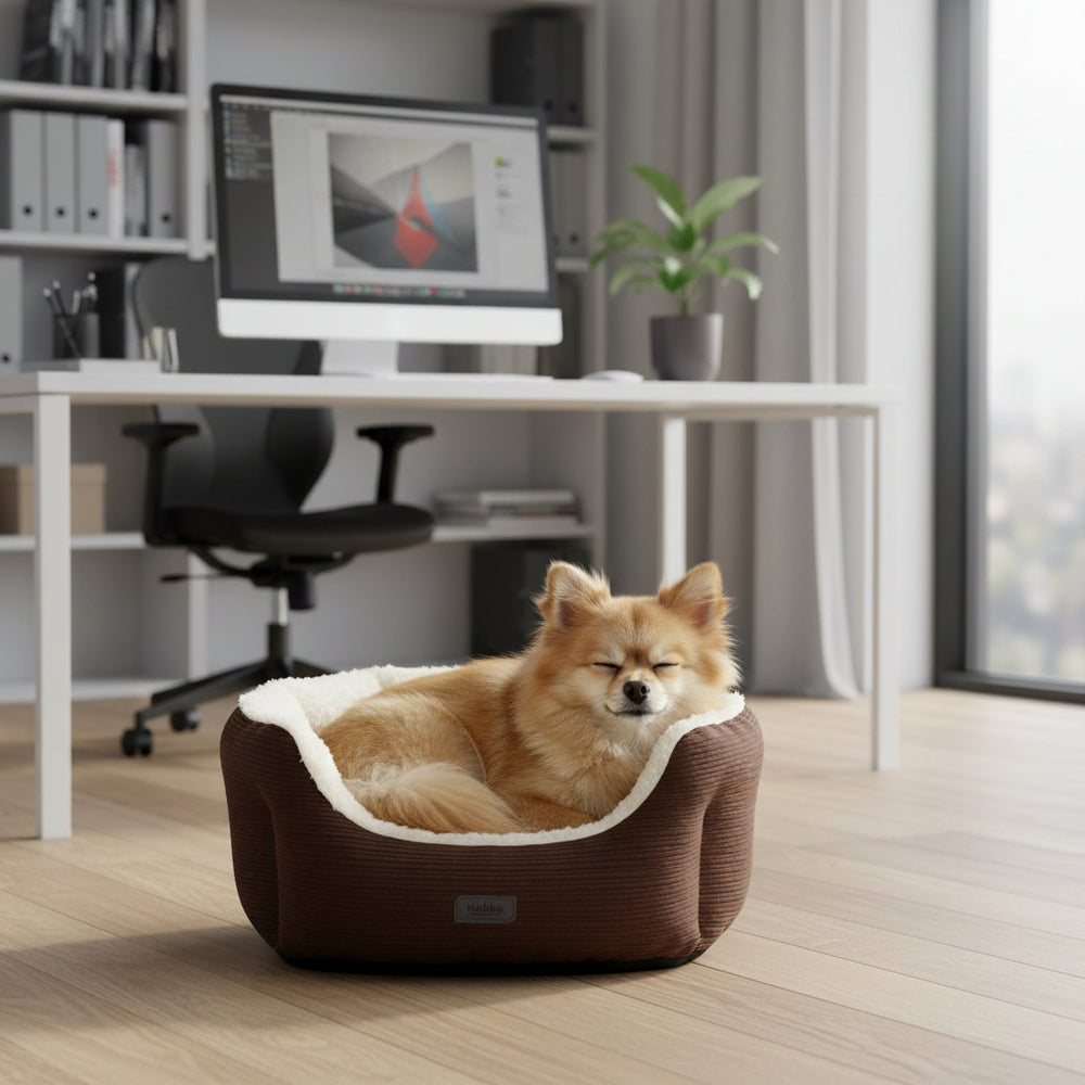 Kleiner Hund schläft entspannt in braunem Komfortbett "KAMBA" im modernen Arbeitsumfeld.