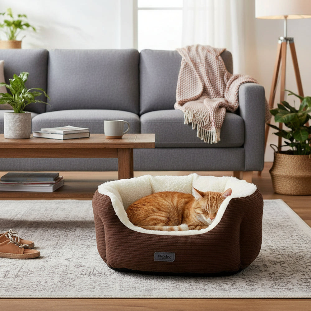Gemütliches ovales Katzenbett "KAMBA" in Braun mit schlafender orangefarbener Katze im stilvollen Wohnzimmer.