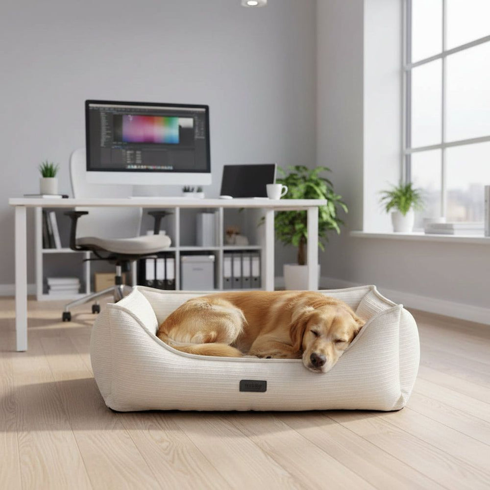 Schlafender Hund im hellen Komfortbett "KAMBA" in modernen Büro mit Tageslicht und Pflanzen.