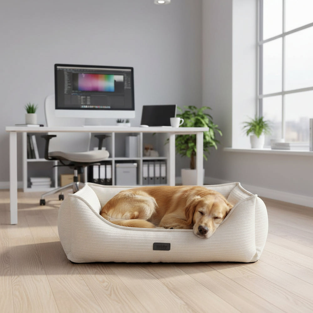 Schlafender Hund im hellen Komfortbett "KAMBA" in modernen Büro mit Tageslicht und Pflanzen.