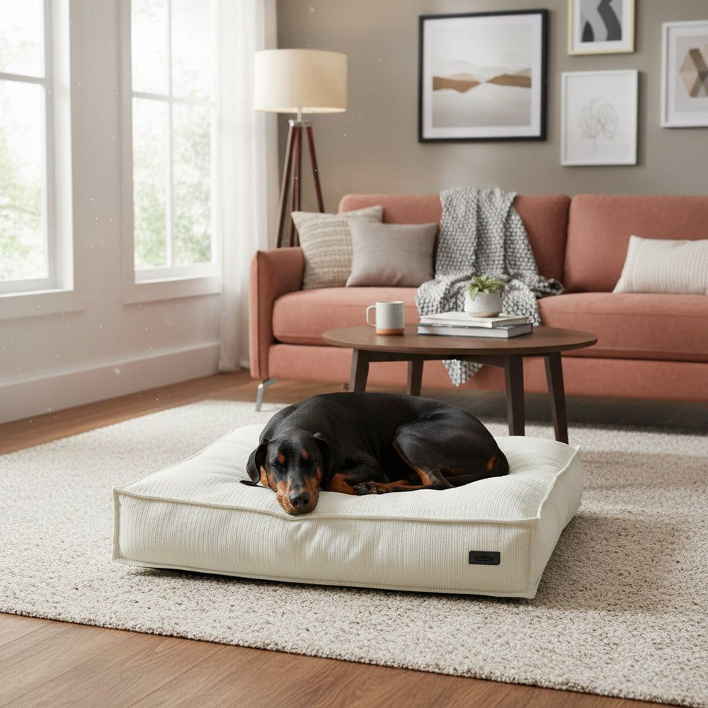 Hund entspannt auf beiger Komfortmatte "KAMBA" in gemütlichem Wohnzimmer mit rotem Sofa und natürlichem Licht.