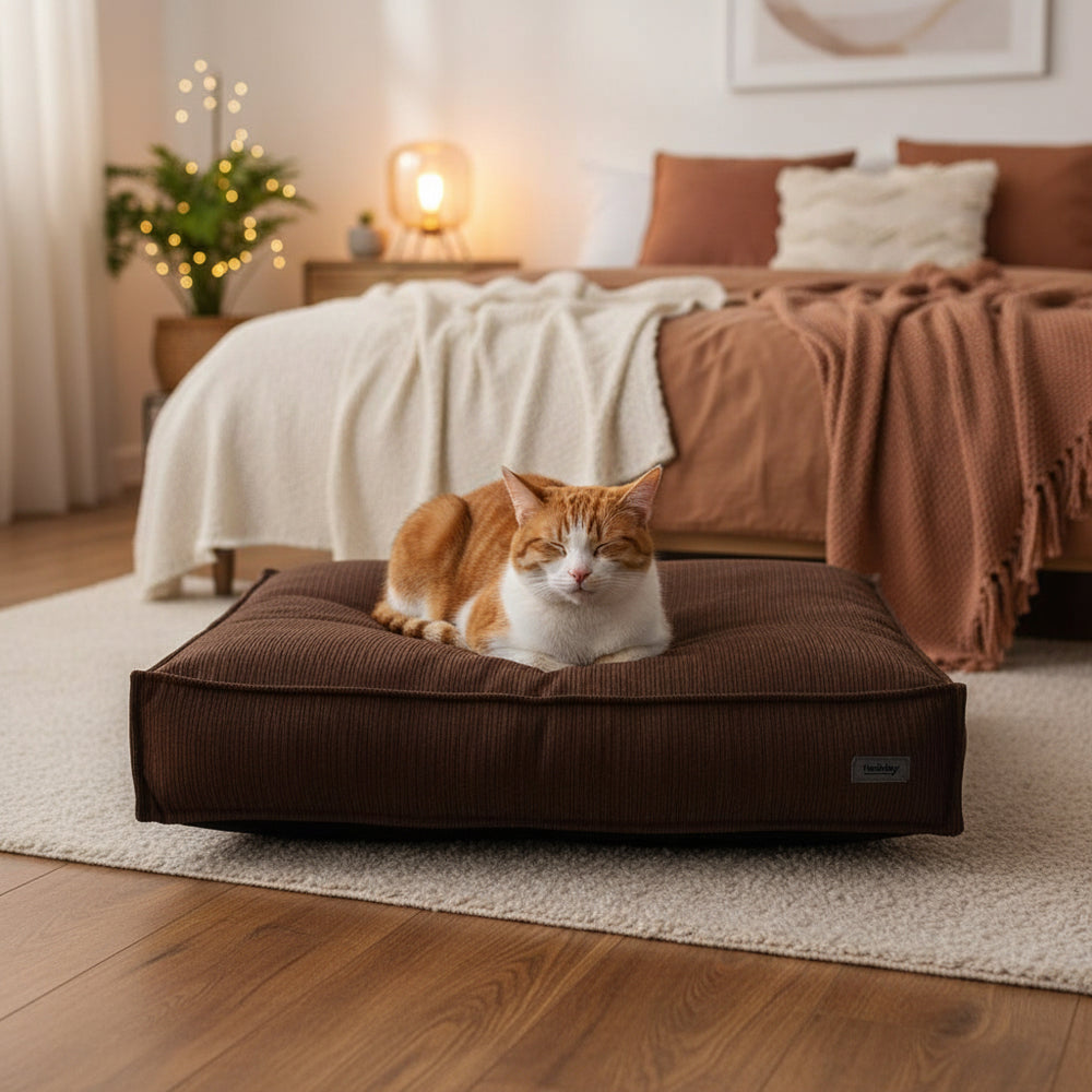 Braune Komfortmatte "Kamba" mit einer sitzenden orangefarbenen Katze in einem gemütlichen Schlafzimmer.