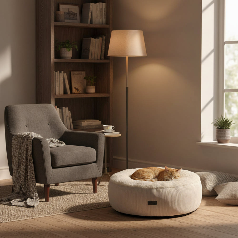 Katzenbett Kamba im Wohnzimmer mit grauem Sessel, Stehlampe und Bücherregal, gemüdliche Atmosphäre.