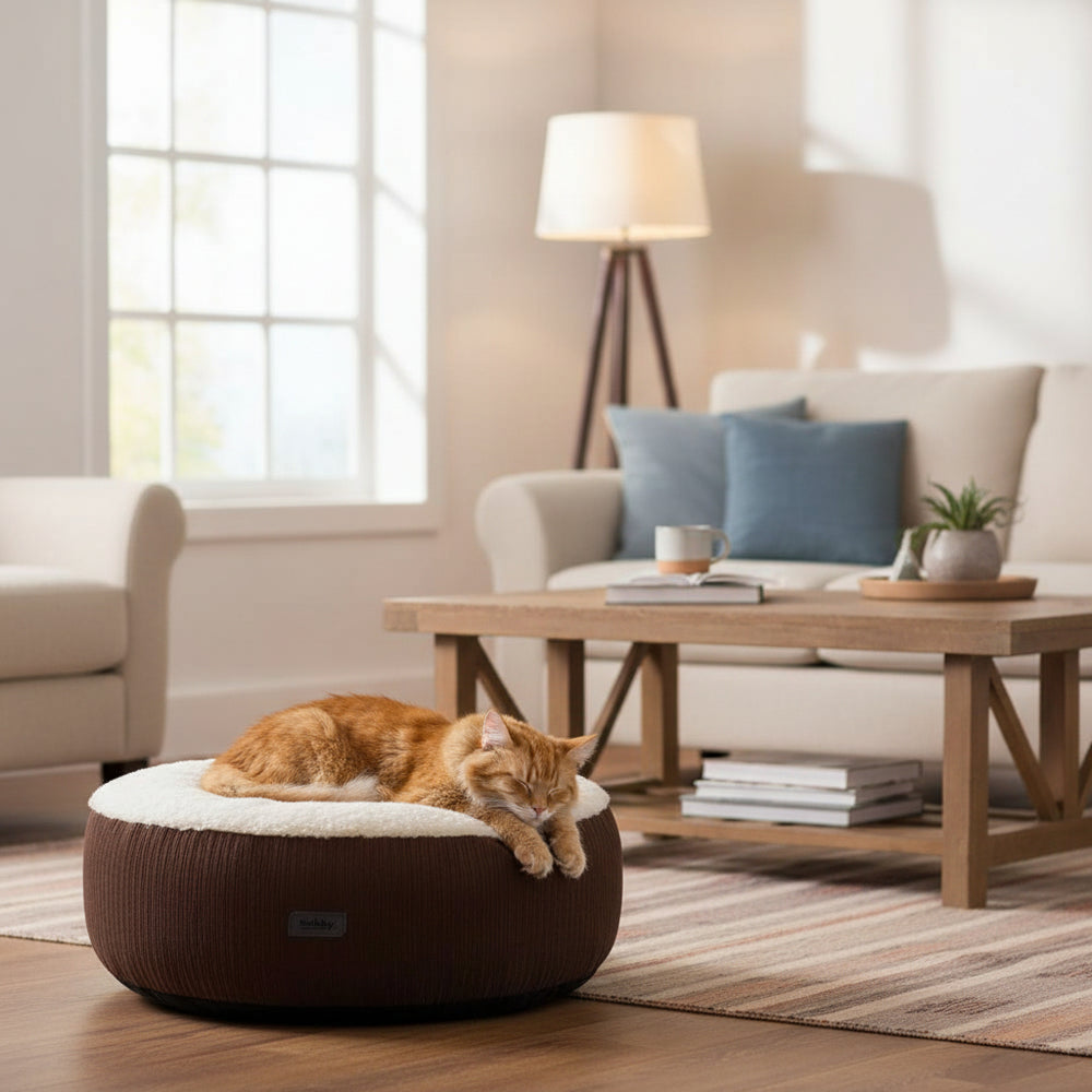 Gemütliches Katzenbett "Kamba" in braun, mit schlafender orangefarbener Katze in behaglicher Wohnatmosphäre.