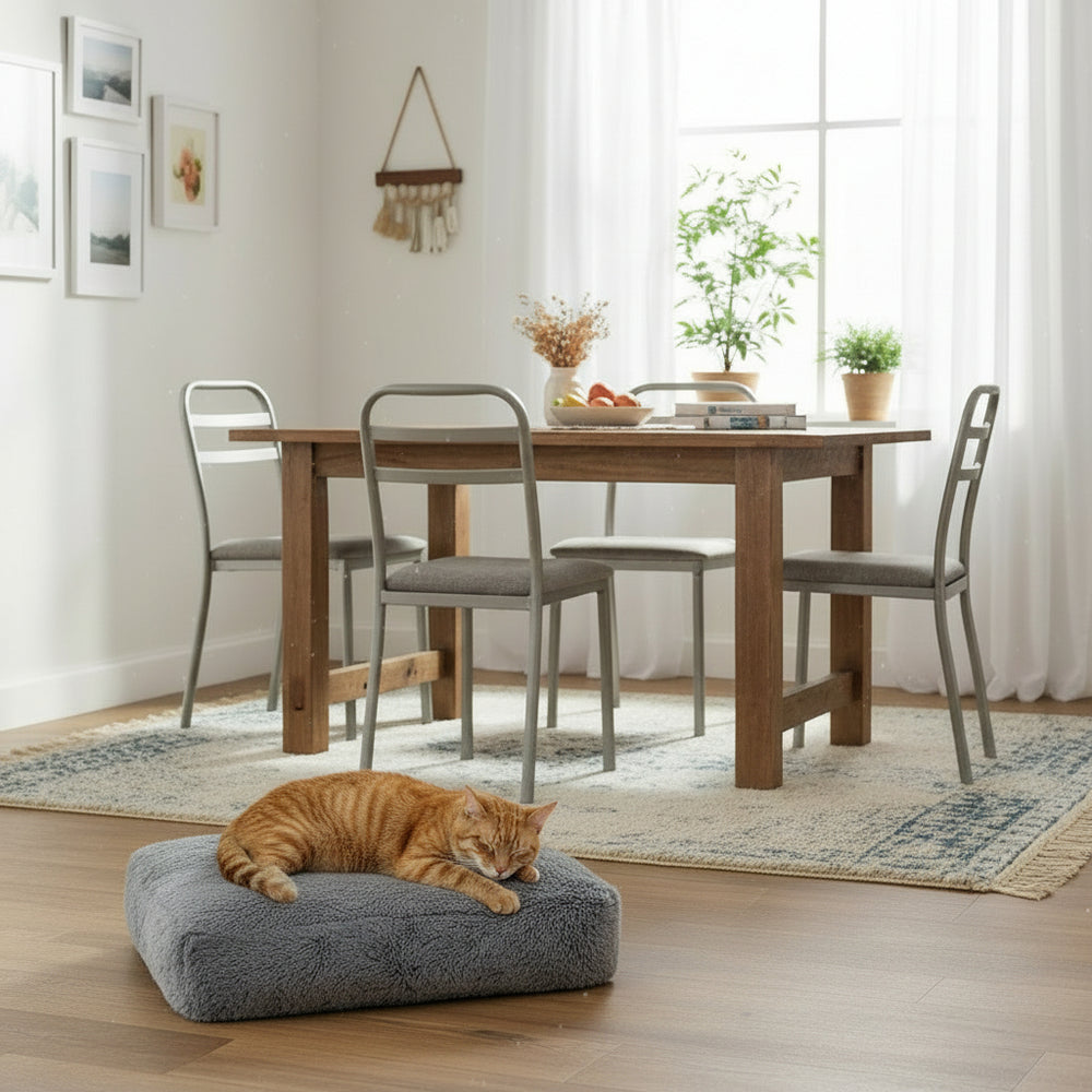 Komfortkissen "NURU" in einem gemütlichen Raum, umgeben von einer schlafenden orange getigerten Katze und Holzstühlen.