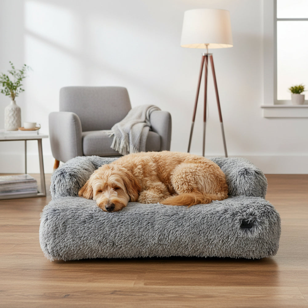 Gemütliches graues Hundebett "NURU" mit entspanntem Hund in hellem Zimmer, modernem Sessel und Stehlampe im Hintergrund.