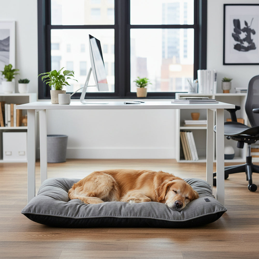 Hund liegt entspannt auf grauer Komfortmatte "BONE" in modernem Arbeitsplatz mit Tageslicht und Pflanzen.