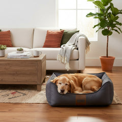 Komfortbett "ZALO" für Hunde: Ein golden retriever entspannt in einem grauen Hundebett in einem stilvollen Wohnraum.