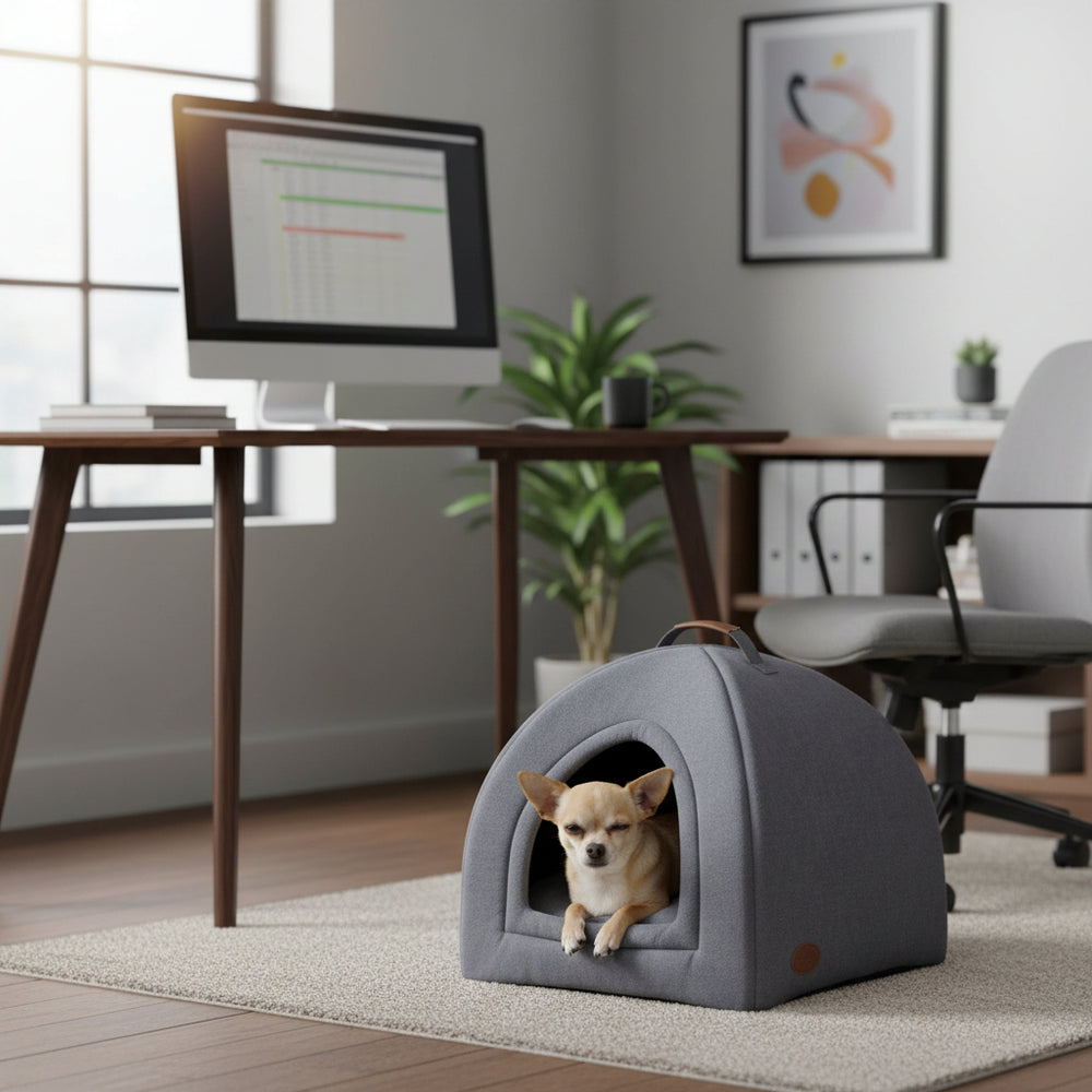 "Hund TIANA im eckigen Hundehäuschen in modernem Wohnraum mit Schreibtisch und Computer."