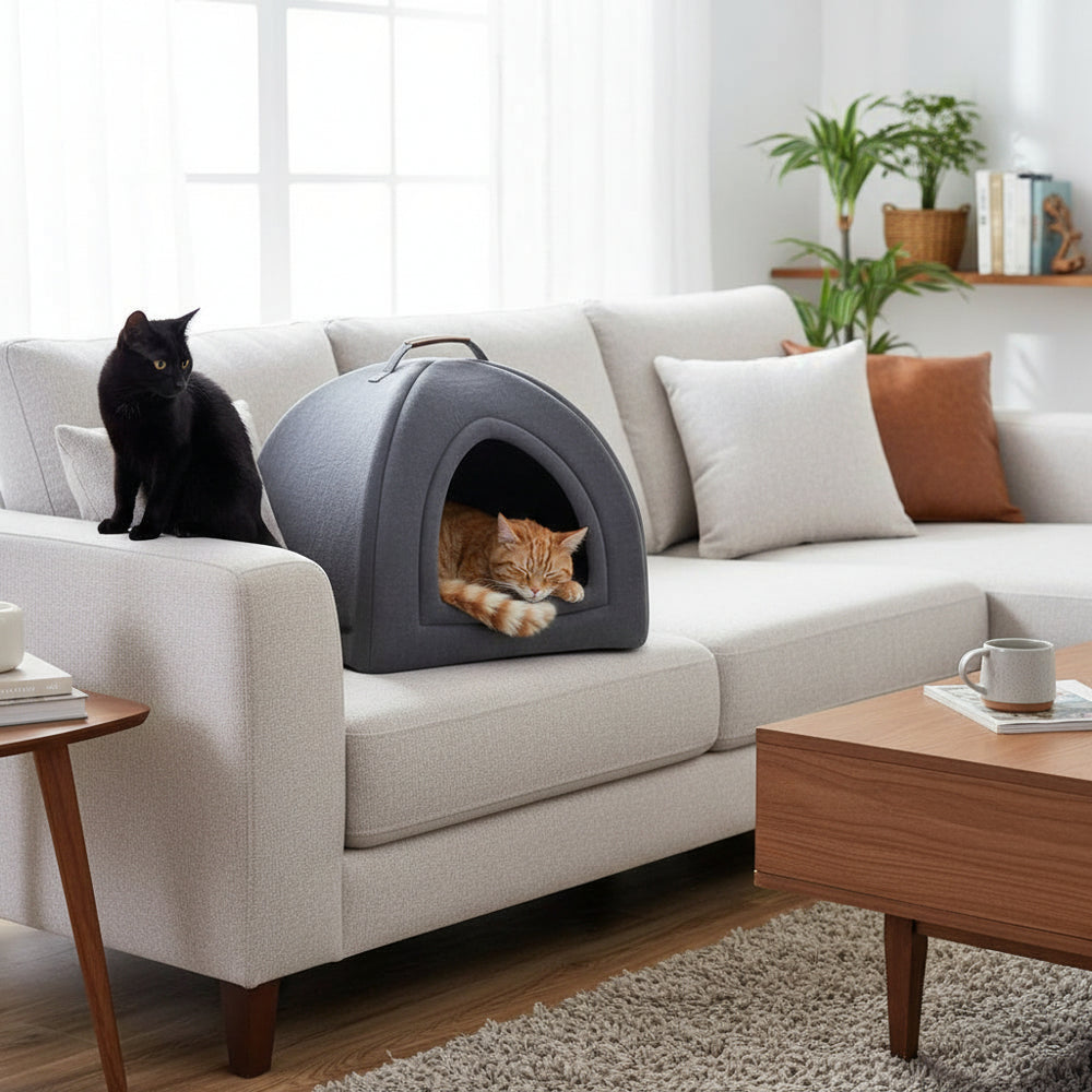 Schwarze Katze auf beigem Sofa im modernen Wohnzimmer mit orangefarbener Katze im Katzenhaus und Pflanzen im Hintergrund.