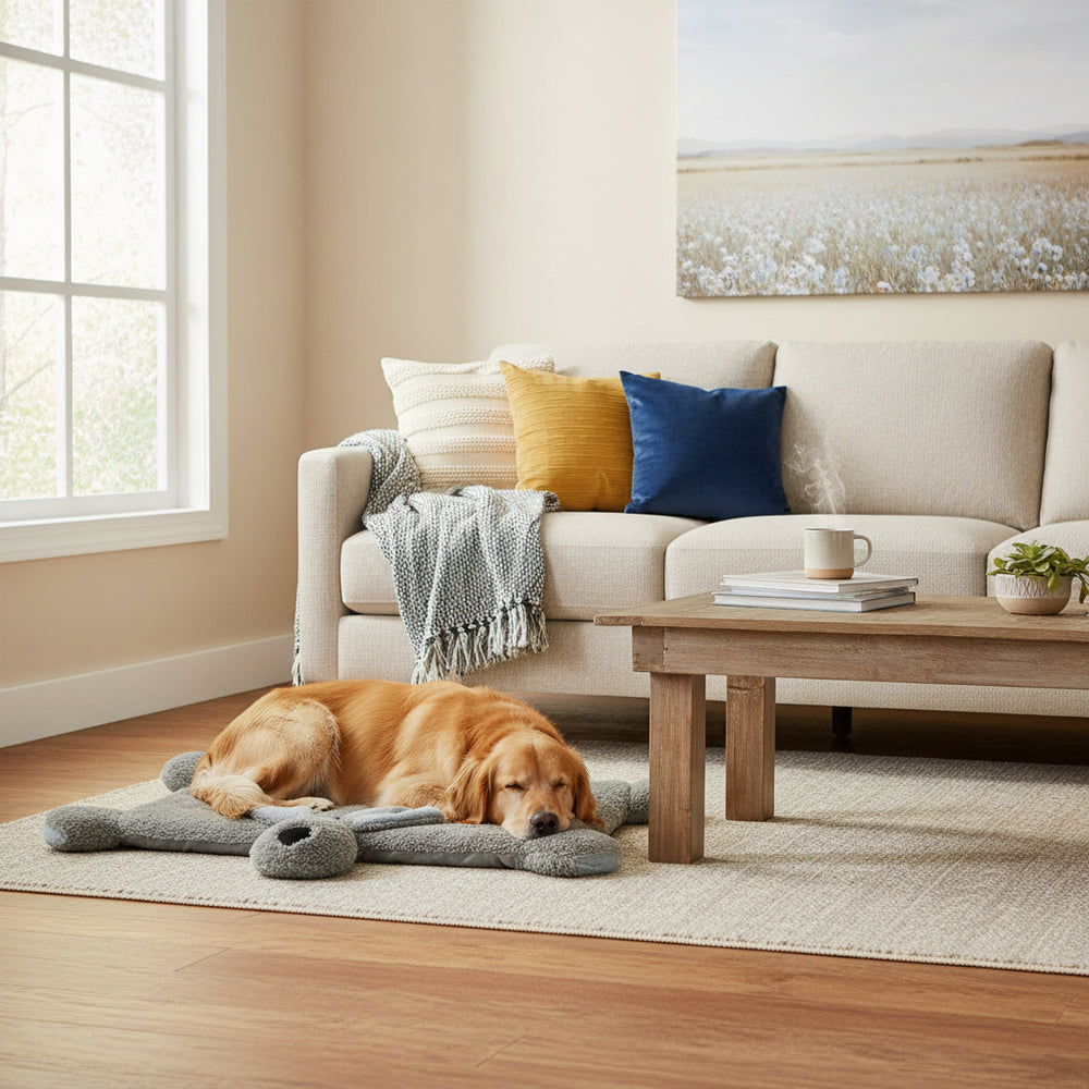 Kuschelmatte "DOGGY" im Wohnzimmer mit schlafendem Hund auf Teppich neben beigem Sofa und Holztisch.