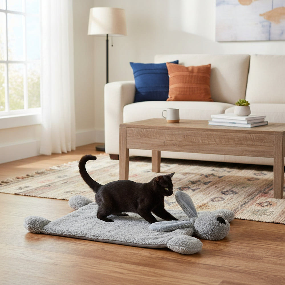 Grauer Hase-Teppich in hellem Raum mit schwarzem Kater und beigem Sofa mit bunten Kissen.
