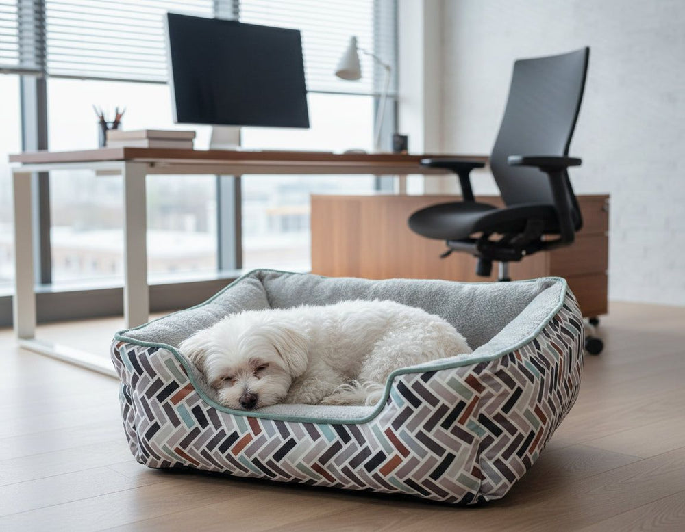 Gemütliches Hundebett "Tonis" im Büro mit schlafendem weißen Hund vor Schreibtisch und Computer.