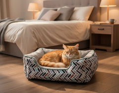 Orangefarbene Katze entspannt auf dem komfortablen Katzensofa im Schlafzimmer mit Holzfußboden und sanfter Beleuchtung.