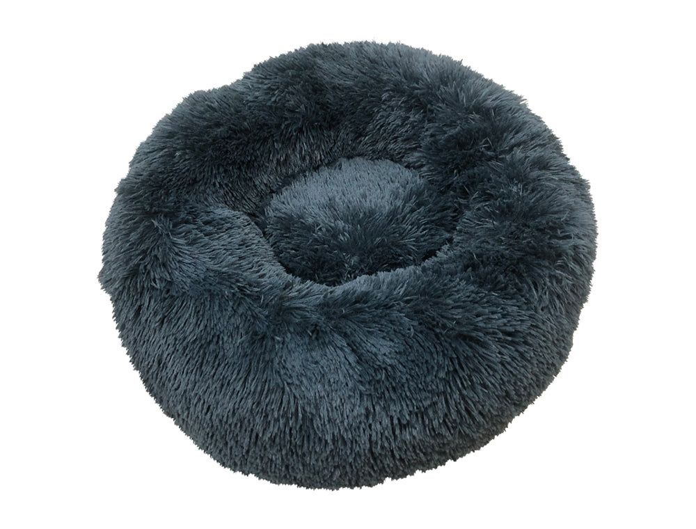 Kuschelbett Donut "ESLA" in Dunkelblau, rund, flauschig mit erhöhtem Rand für optimalen Komfort für Hunde.