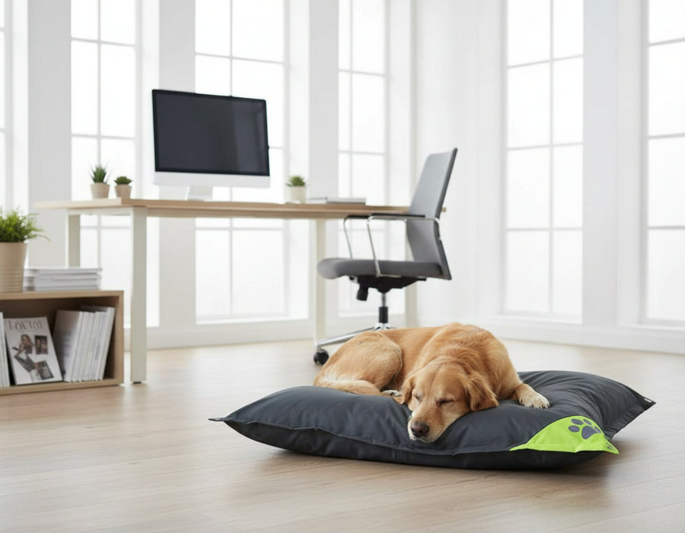 Hund schläft gemütlich auf schwarzem Komfortkissen "Reno" in hell erleuchtetem Büro mit Schreibtisch und Computer.