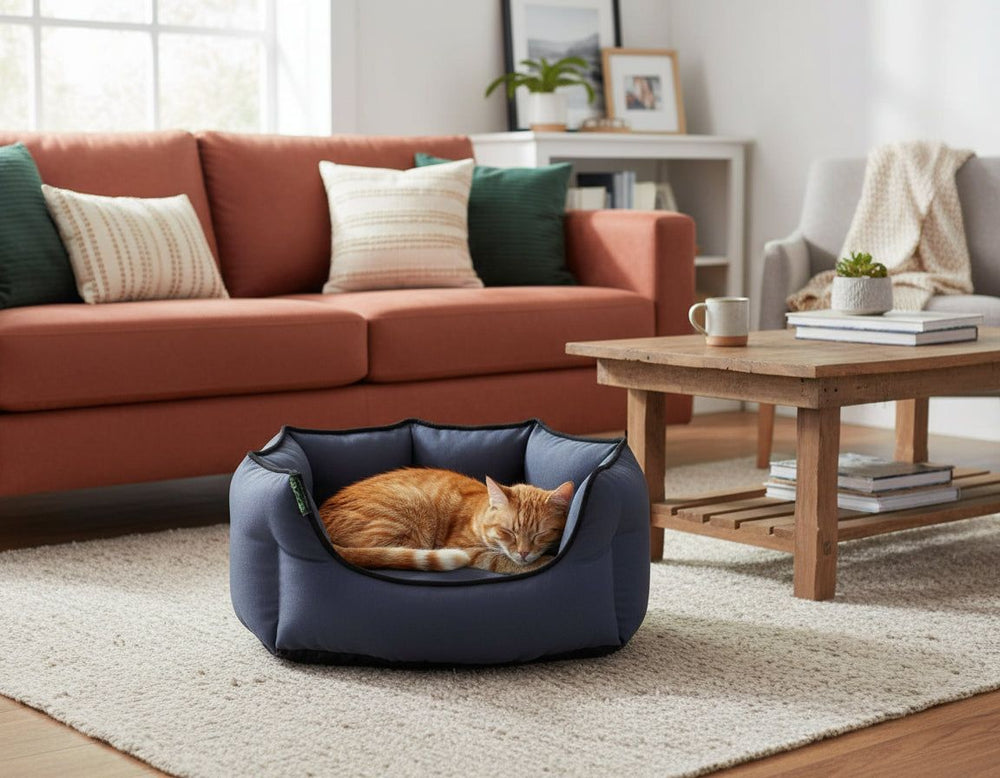 Gemütliches Katzenbett "Esat" in Dunkelblau mit schlafender orangefarbener Katze im modernen Wohnzimmer.